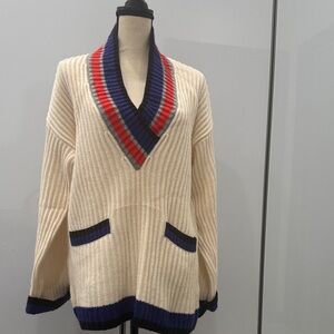 ESCADA CASHMERE Cream Shawl Collar Sweater with Striped Trim